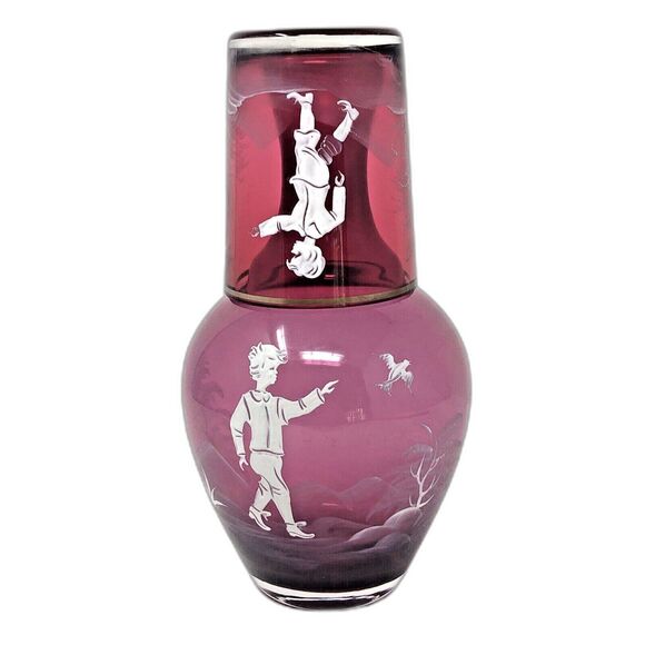 Mary Gregory Cranberry Glass Tumble Up Vintage Boy w/Bird Carafe & Tumbler Set - Picture 2 of 12